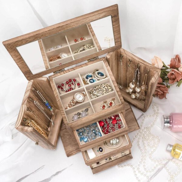 Women Wooden Jewelry Box Rustic Jewelry Organizers for Rings Earrings Necklaces Bracelets - Image 3